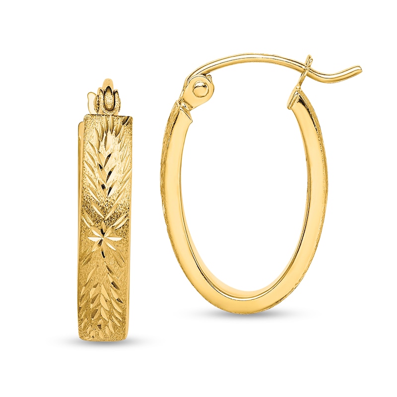 Main Image 1 of 19.0mm Etched Oval Hoop Earrings in Hollow 10K Gold