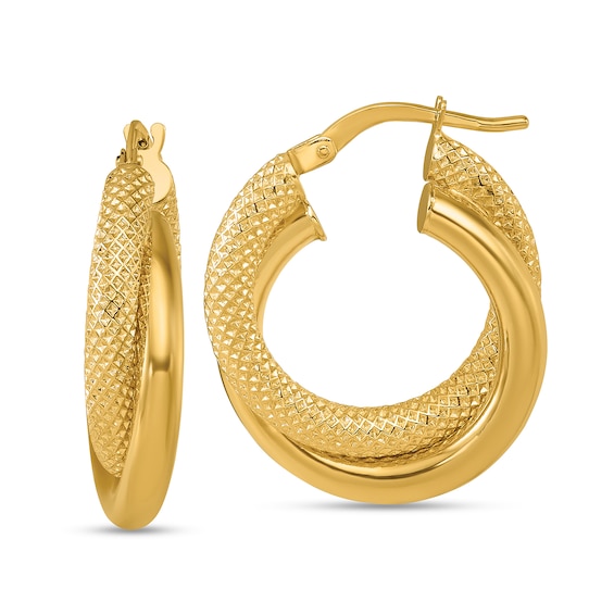 24.5mm Textured and Polished Crossover Hoop Earrings in Hollow 14K Gold
