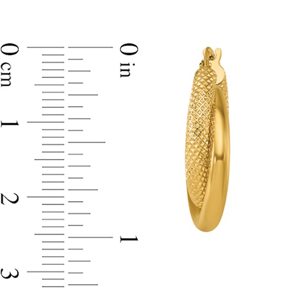 24.5mm Textured and Polished Crossover Hoop Earrings in Hollow 14K Gold