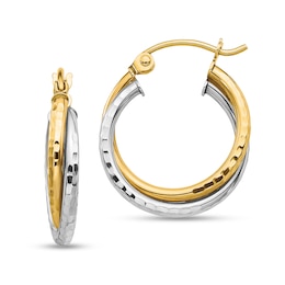19.0mm Textured Crossover Double Hoop Earrings in Hollow 10K Two-Tone Gold