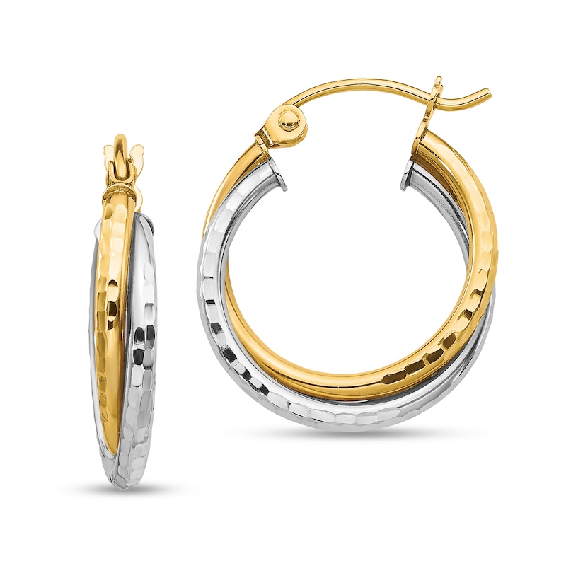 Main Image 1 of 19.0mm Textured Crossover Double Hoop Earrings in Hollow 10K Two-Tone Gold