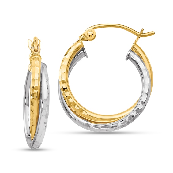 18.0mm Diamond-Cut Crossover Double Hoop Earrings in Hollow 10K Two-Tone Gold