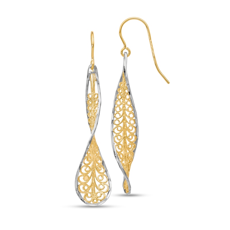 Main Image 1 of Diamond-Cut Filigree Blade Dangle Drop Earrings in Solid 10K Two-Tone Gold