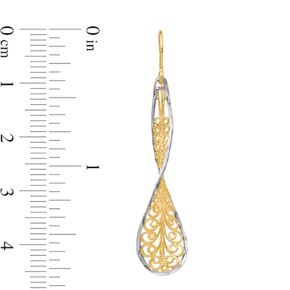 Diamond-Cut Filigree Blade Dangle Drop Earrings in Solid 10K Two-Tone Gold