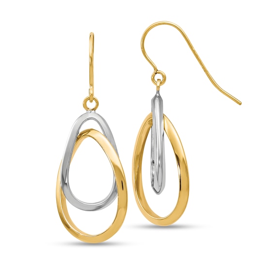Double Teardrop Dangle Earrings in Hollow 10K Two-Tone Gold