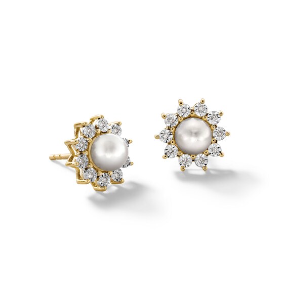 5.0mm Freshwater Cultured Pearl and 1/20 CT. T.w. Diamond Sunburst Frame Stud Earrings in 10K Gold