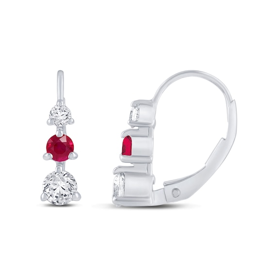 Lab-Created Ruby and 1/2 CT. T.w. Certified Lab-Grown Diamond Three Stone Drop Earrings in 10K White Gold (F/Si2)