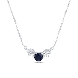 Blue Lab-Created Sapphire and 1/4 CT. T.W. Certified Lab-Grown Diamond Three Stone Necklace in 10K White Gold (F/SI2)