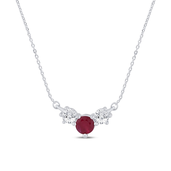 Lab-Created Ruby and 1/4 CT. T.w. Certified Lab-Grown Diamond Three Stone Necklace in 10K White Gold (F/Si2)
