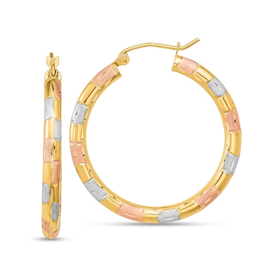 32.28mm Diamond-Cut Pattern Hoop Earrings in Hollow 14K Tri-Tone Gold