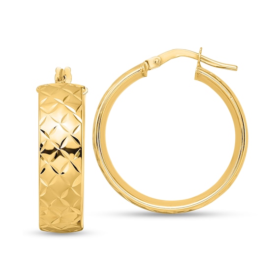24.32mm Textured Pattern Hoop Earrings in Solid 14K Gold