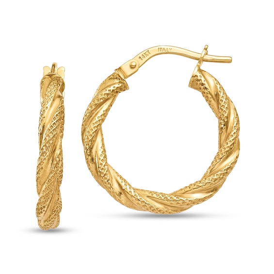 21.0mm Textured Twist Hoop Earrings in Hollow 14K Gold