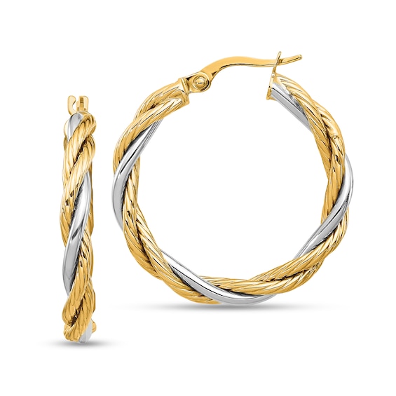28.0mm Textured and Polished Twist Hoop Earrings in Hollow 14K Two-Tone Gold