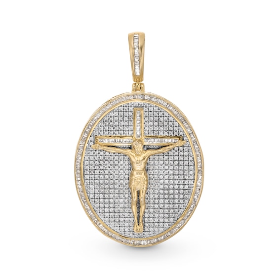 2-1/2 CT. T.w. Baguette and Round Diamond Frame Jesus Oval Medallion Necklace Charm in 10K Gold