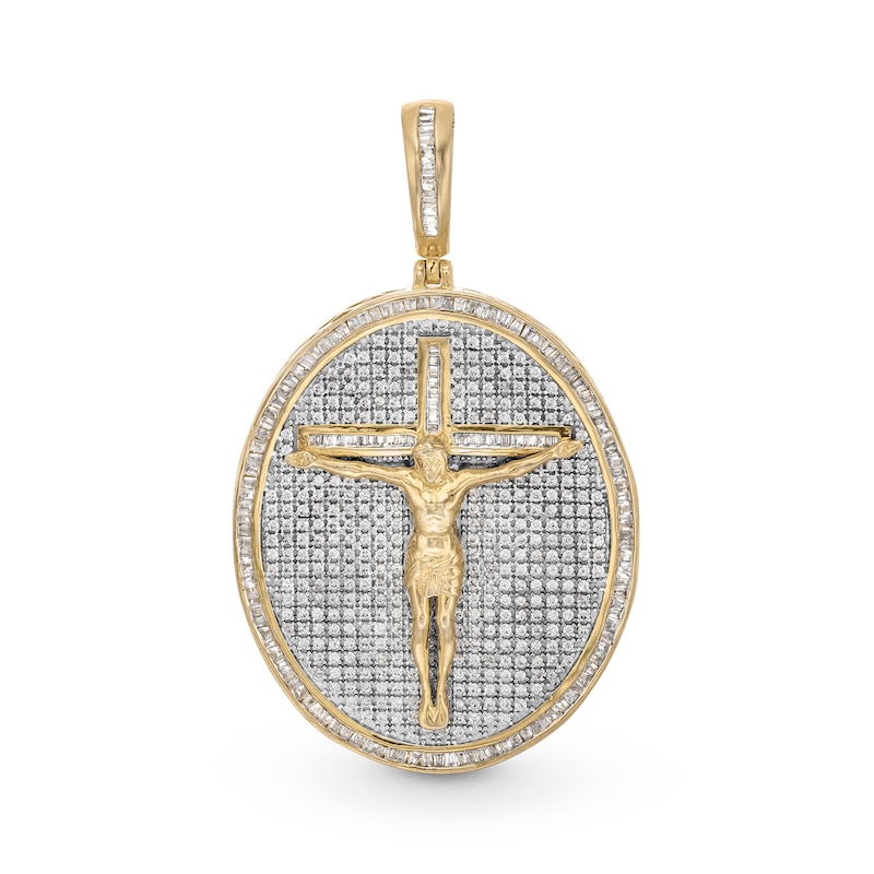 Main Image 1 of 2-1/2 CT. T.W. Baguette and Round Diamond Frame Jesus Oval Medallion Necklace Charm in 10K Gold