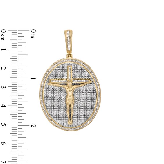 2-1/2 CT. T.w. Baguette and Round Diamond Frame Jesus Oval Medallion Necklace Charm in 10K Gold