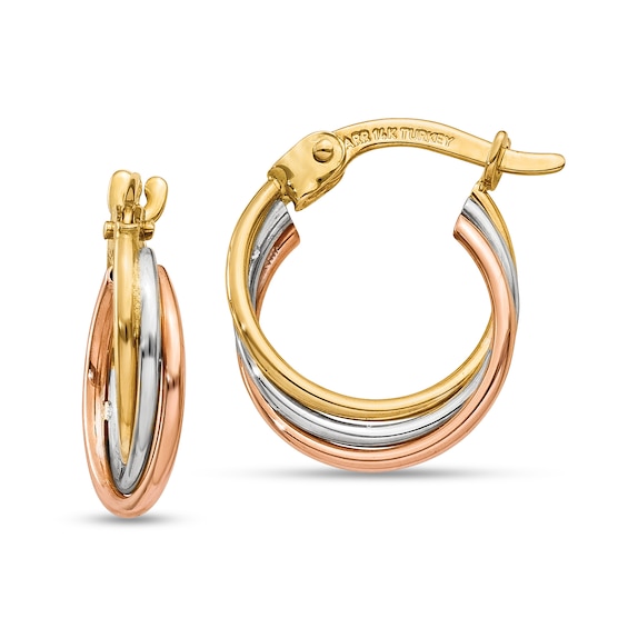 15.0mm Layered Twist Hoop Earrings in Hollow 14K Tri-Tone Gold