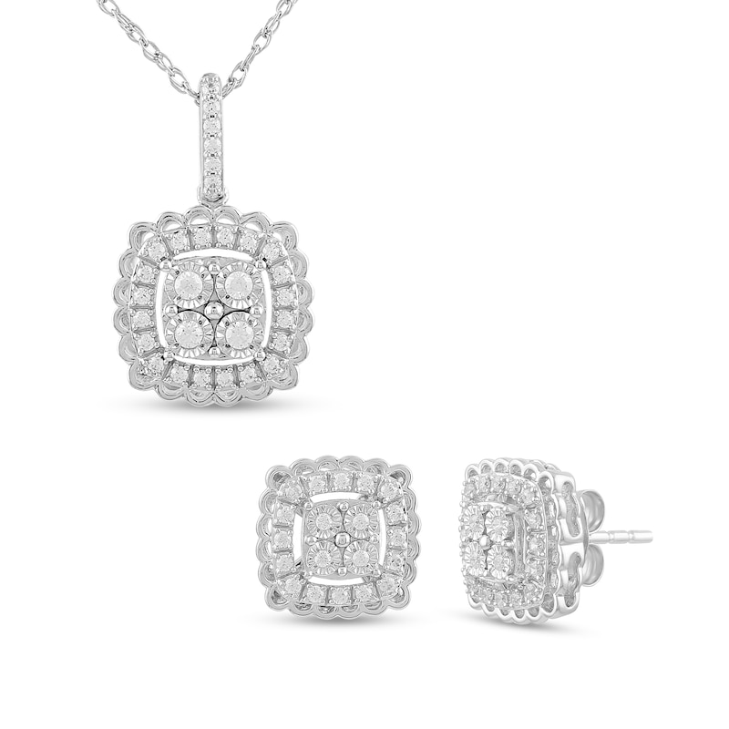 Main Image 1 of 1/2 CT. T. W. Certified Lab-Grown Diamond Quad Cushion Frame Pendant and Stud Earrings Set in Sterling Silver (F/SI2)