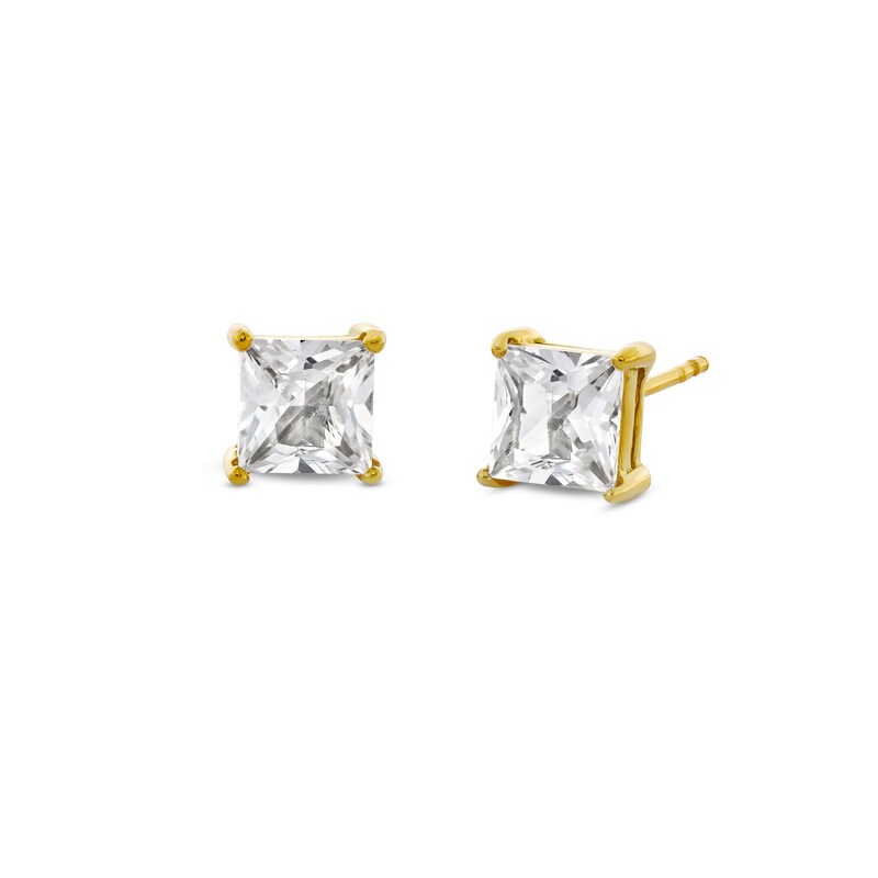 Main Image 1 of 6.0mm Square-Cut White Lab-Created Sapphire Solitaire Stud Earrings in Stainless Steel with Yellow Ion Plate