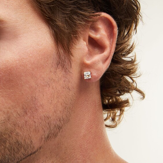6.0mm Square-Cut White Lab-Created Sapphire Solitaire Stud Earrings in Stainless Steel with Yellow Ion Plate