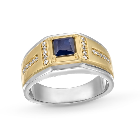 5.0mm Square-Cut Blue Sapphire and 1/8 CT. T.w. Diamond Ring in 10K Two-Tone Gold