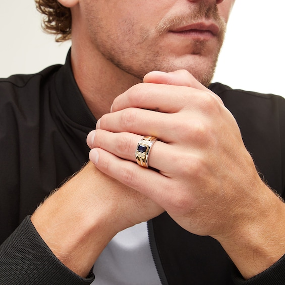 5.0mm Square-Cut Blue Sapphire and 1/8 CT. T.w. Diamond Ring in 10K Two-Tone Gold