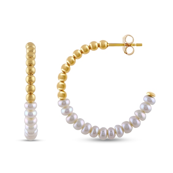 4.0mm Button Freshwater Cultured Pearl and Bead Half-and-Half Hoop Earrings in Sterling Silver with 24K Gold Plate