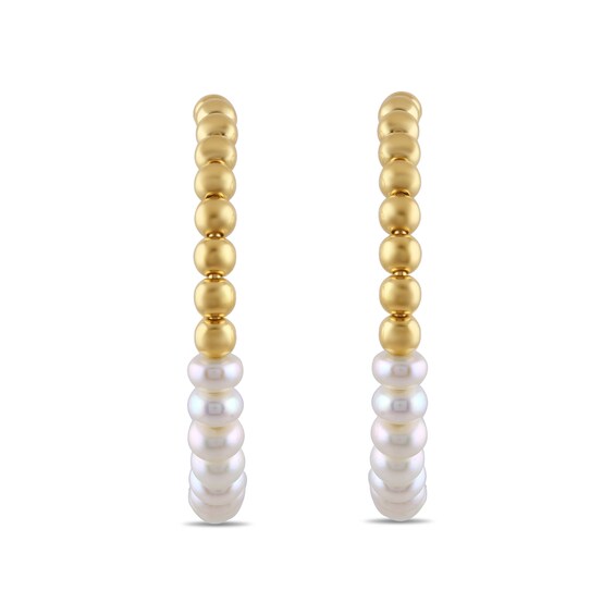 4.0mm Button Freshwater Cultured Pearl and Bead Half-and-Half Hoop Earrings in Sterling Silver with 24K Gold Plate
