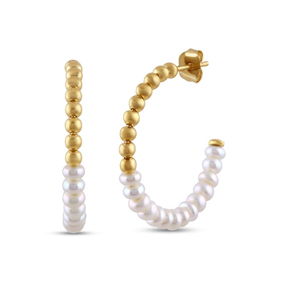 4.0mm Button Freshwater Cultured Pearl and Bead Half-and-Half Hoop Earrings in Sterling Silver with 24K Gold Plate