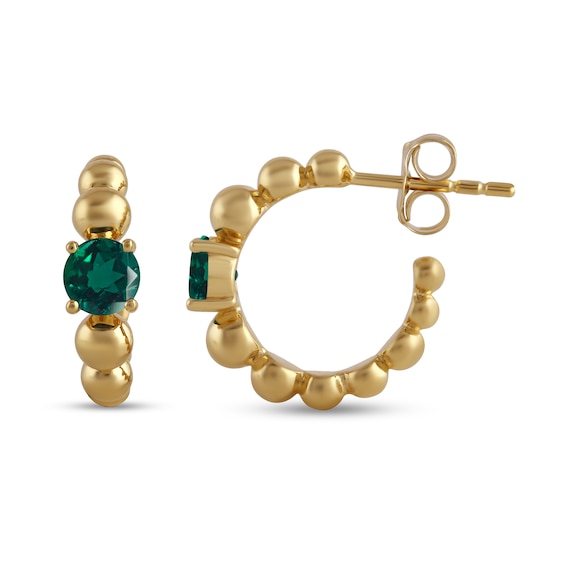 5.0mm Lab-Created Emerald and Bead Open Hoop Earrings in Sterling Silver with 24K Gold Plate