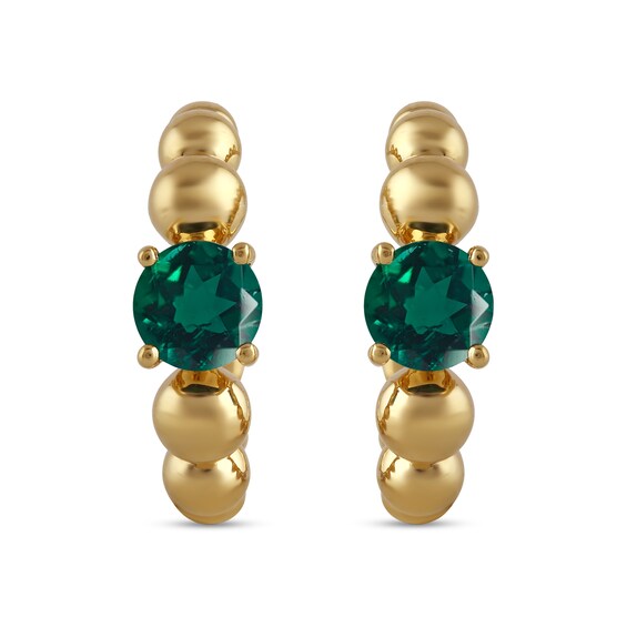 5.0mm Lab-Created Emerald and Bead Open Hoop Earrings in Sterling Silver with 24K Gold Plate