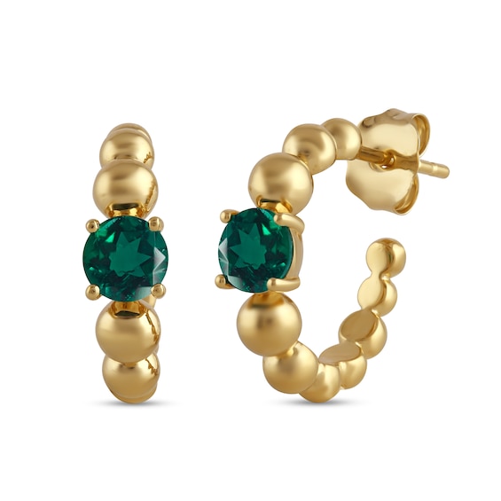 5.0mm Lab-Created Emerald and Bead Open Hoop Earrings in Sterling Silver with 24K Gold Plate