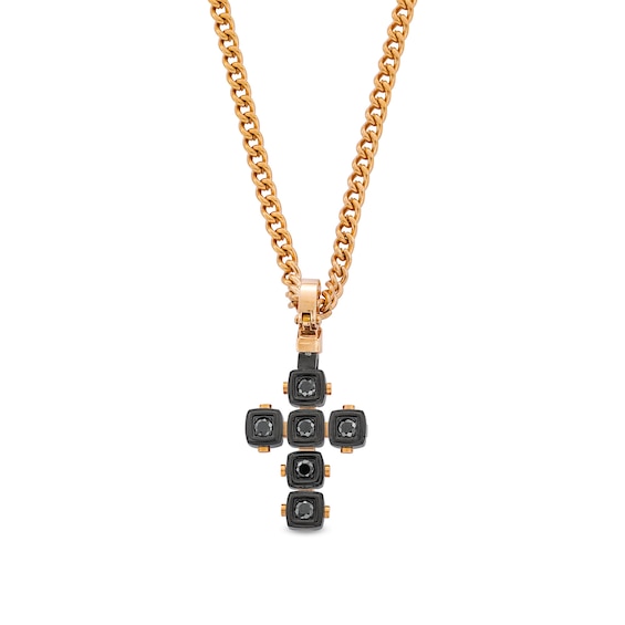 Black Spinel Cushion Frame Riveted Cross Pendant in Stainless Steel with Black and Rose Ion Plate - 24"