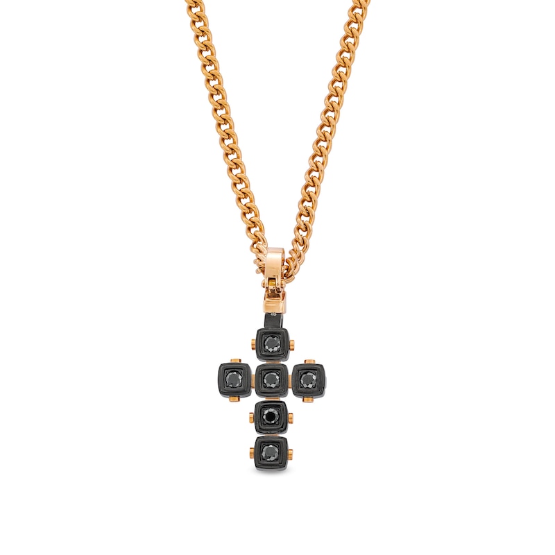 Main Image 1 of Black Spinel Cushion Frame Riveted Cross Pendant in Stainless Steel with Black and Rose Ion Plate - 24"