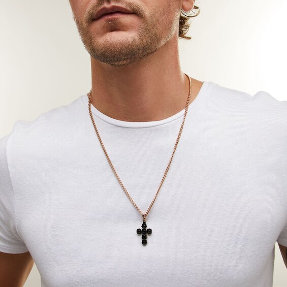 Black Spinel Cushion Frame Riveted Cross Pendant in Stainless Steel with Black and Rose Ion Plate - 24"