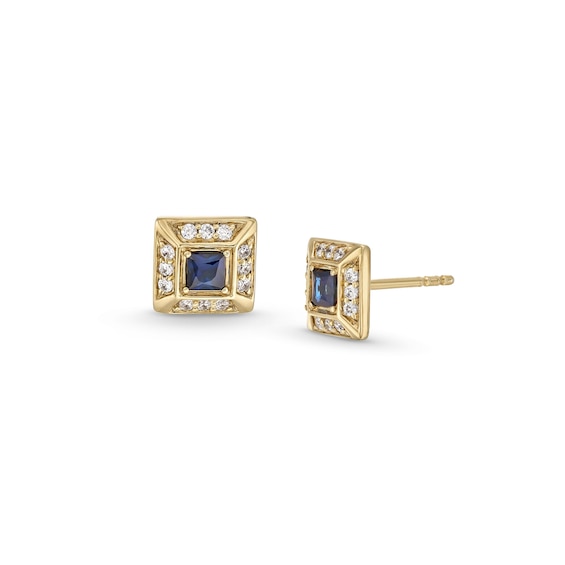 Square-Cut Blue Sapphire and 1/6 CT. T.w. Diamond Frame Stud Earrings in 10K Gold