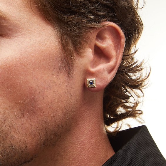 Square-Cut Blue Sapphire and 1/6 CT. T.w. Diamond Frame Stud Earrings in 10K Gold