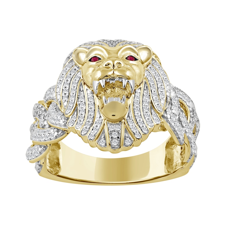Main Image 1 of Lab-Created Ruby and 1/2 CT. T.W. Diamond Lion Head Braided Shank Ring in 10K Gold