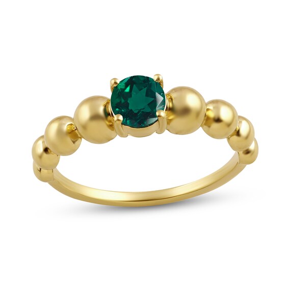 5.0mm Lab-Created Emerald Solitaire Bead Shank Ring in Sterling Silver with 24K Gold Plate