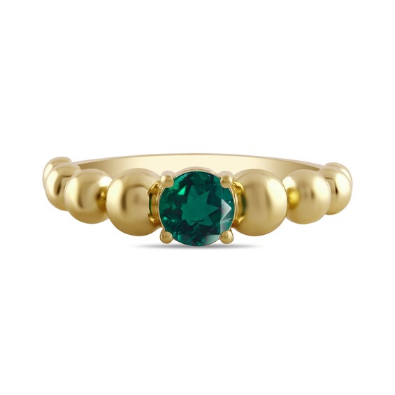 5.0mm Lab-Created Emerald Solitaire Bead Shank Ring in Sterling Silver with 24K Gold Plate