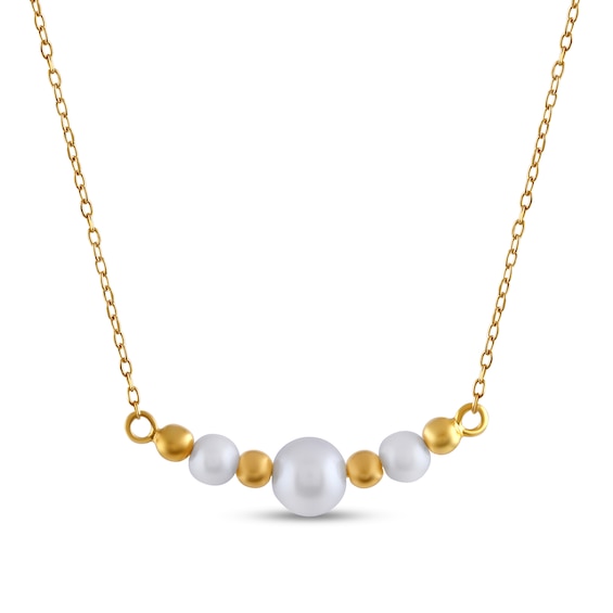 4.0-6.0mm Freshwater Cultured Pearl and Bead Curved Bar Necklace in Sterling Silver with 24K Gold Plate