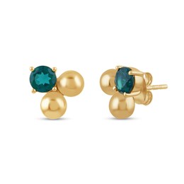 5.0mm Lab-Created Emerald Bead Three Stone Stud Earrings in Sterling Silver with 24K Gold Plate