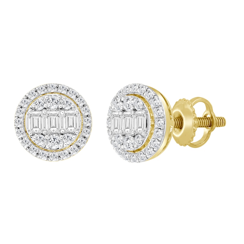 Main Image 1 of 1-1/4 CT. T.W. Emerald-Cut and Round Certified Lab-Created Multi-Diamond Frame Stud Earrings in 10K Gold (F/SI2)