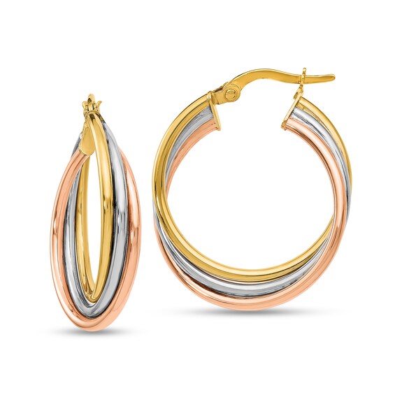 22.0mm Triple Twist Hoop Earrings in Hollow 14K Tri-Tone Gold