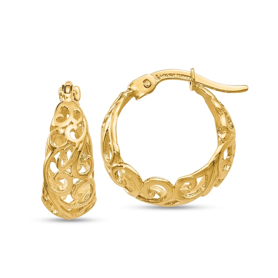 16.0mm Graduated Filigree Huggie Hoop Earrings in Hollow 14K Gold