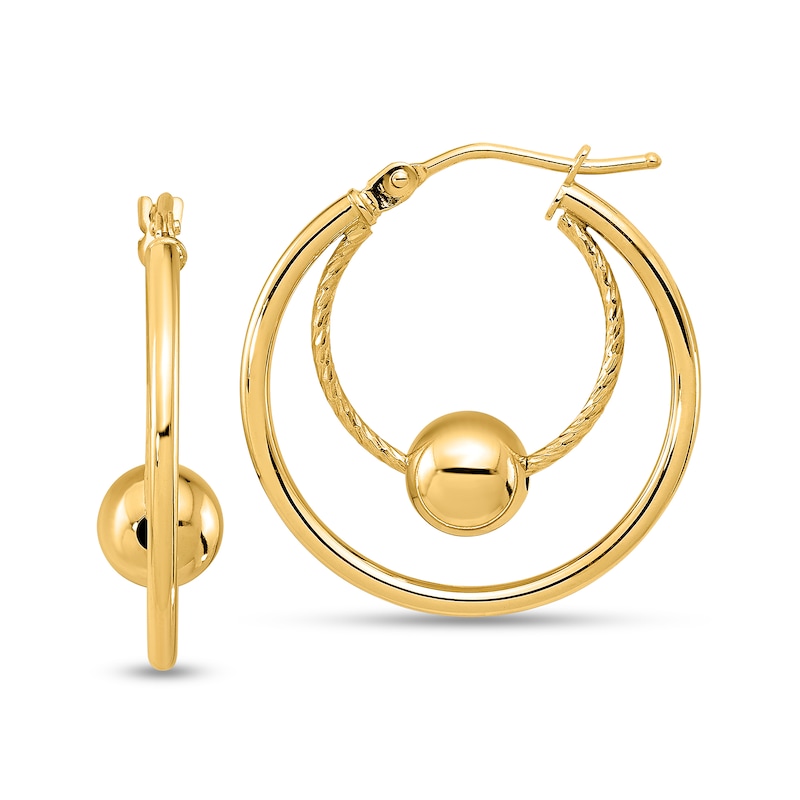 Main Image 1 of 22.8mm Diamond-Cut Double Hoop with Ball Earrings in Hollow 14K Gold