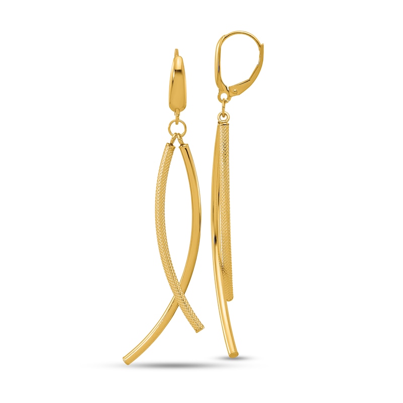 Main Image 1 of Textured and Polished Crossover Tube Drop Earrings in Hollow 14K Gold