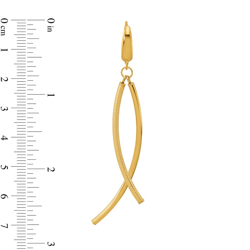 Main Image 2 of Textured and Polished Crossover Tube Drop Earrings in Hollow 14K Gold