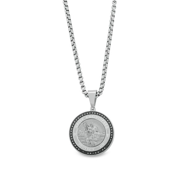 1/4 CT. T.w. Black Diamond Frame Saint Christopher Protect Us Medal Pendant in Stainless Steel - 24"