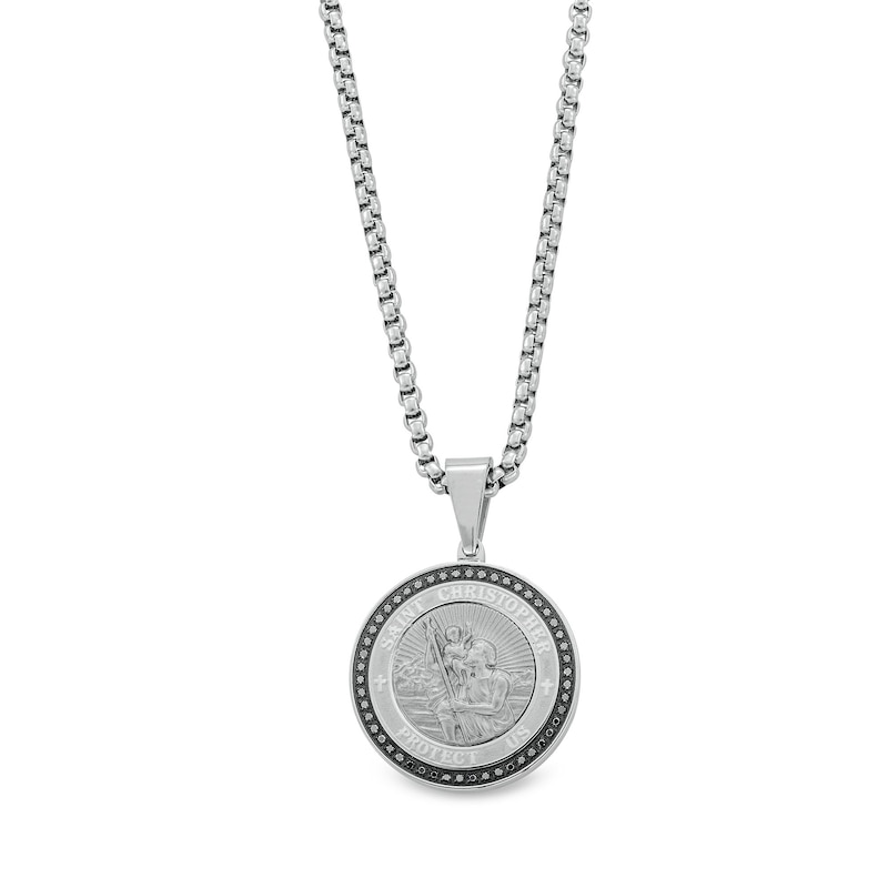 Main Image 1 of 1/4 CT. T.W. Black Diamond Frame Saint Christopher Protect Us Medal Pendant in Stainless Steel - 24"